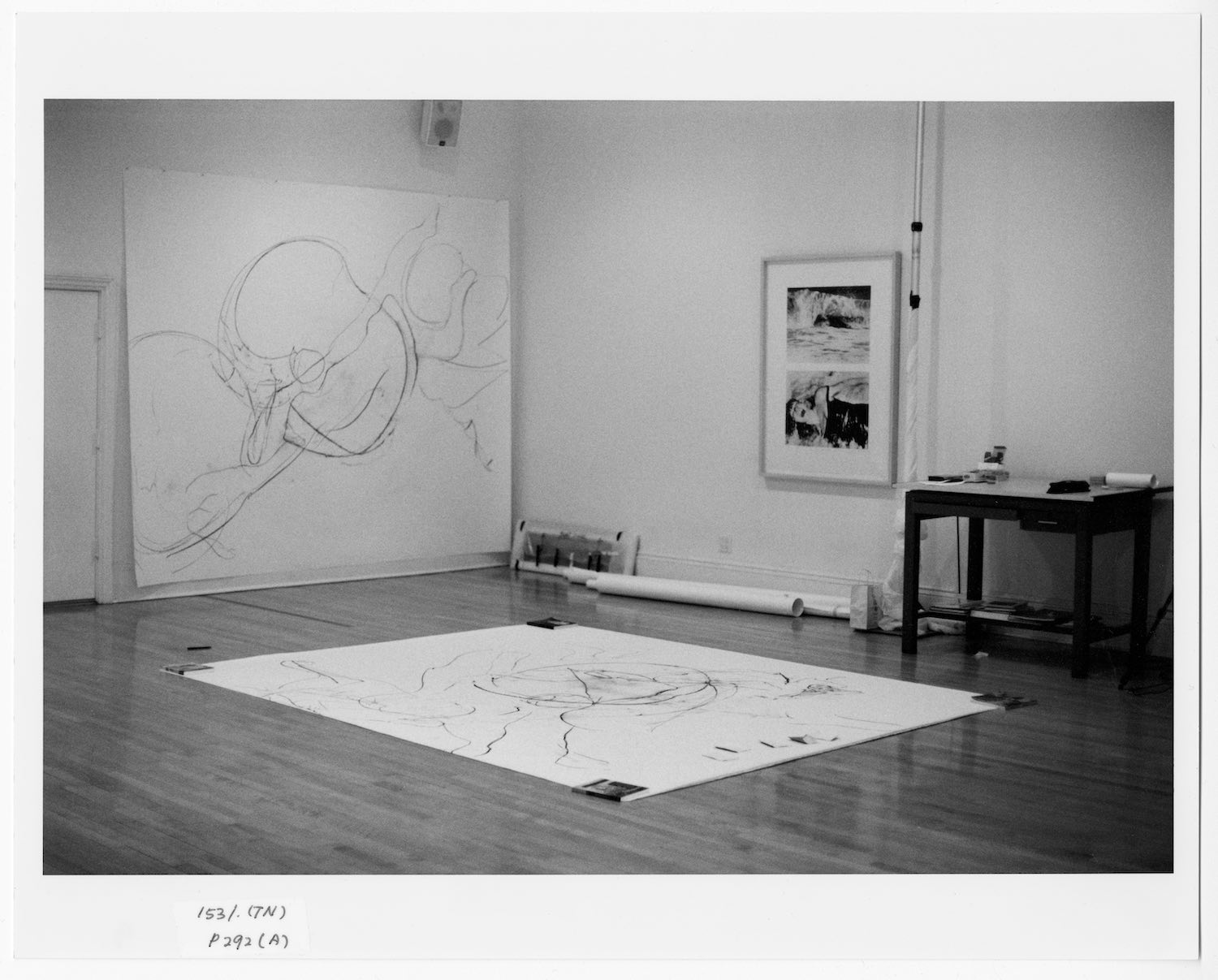 View of Trisha Brown’s loft with drawings Untitled (New York) , 2001, Charcoal on paper, 102 x 120 inches (259.1 x 30 4.8 cm) (wall, left); Untitled (New York) , 2001, 102 x 120 inches (259.1 x 304.8 cm) (floor); and Burt Barr’s Double Feature , 2000, Lithograph, 53.5 x 38.75 inches (135.9 x 98.4 cm) (wall, right), New York, December 2001. Photograph © Burt Barr.