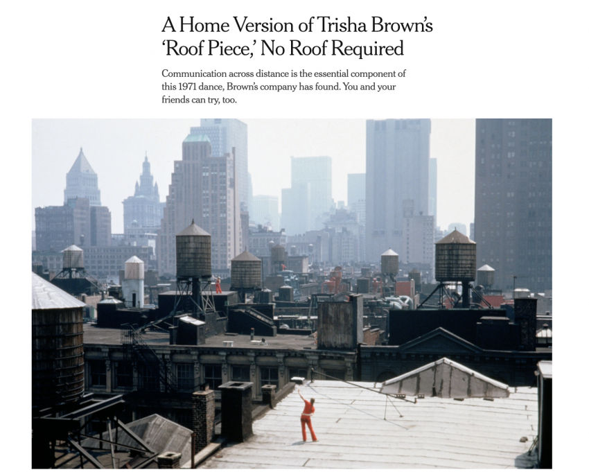 For “Roof Piece,” first performed in 1971, dancers scattered themselves across the roofs of SoHo and played a dance version of the game telephone.Credit...Peter Moore, Performance view of Trisha Brown’s “Roof Piece,” NYC, 1973/Barbara Moore/ARS, NY, via Paula Cooper Gallery