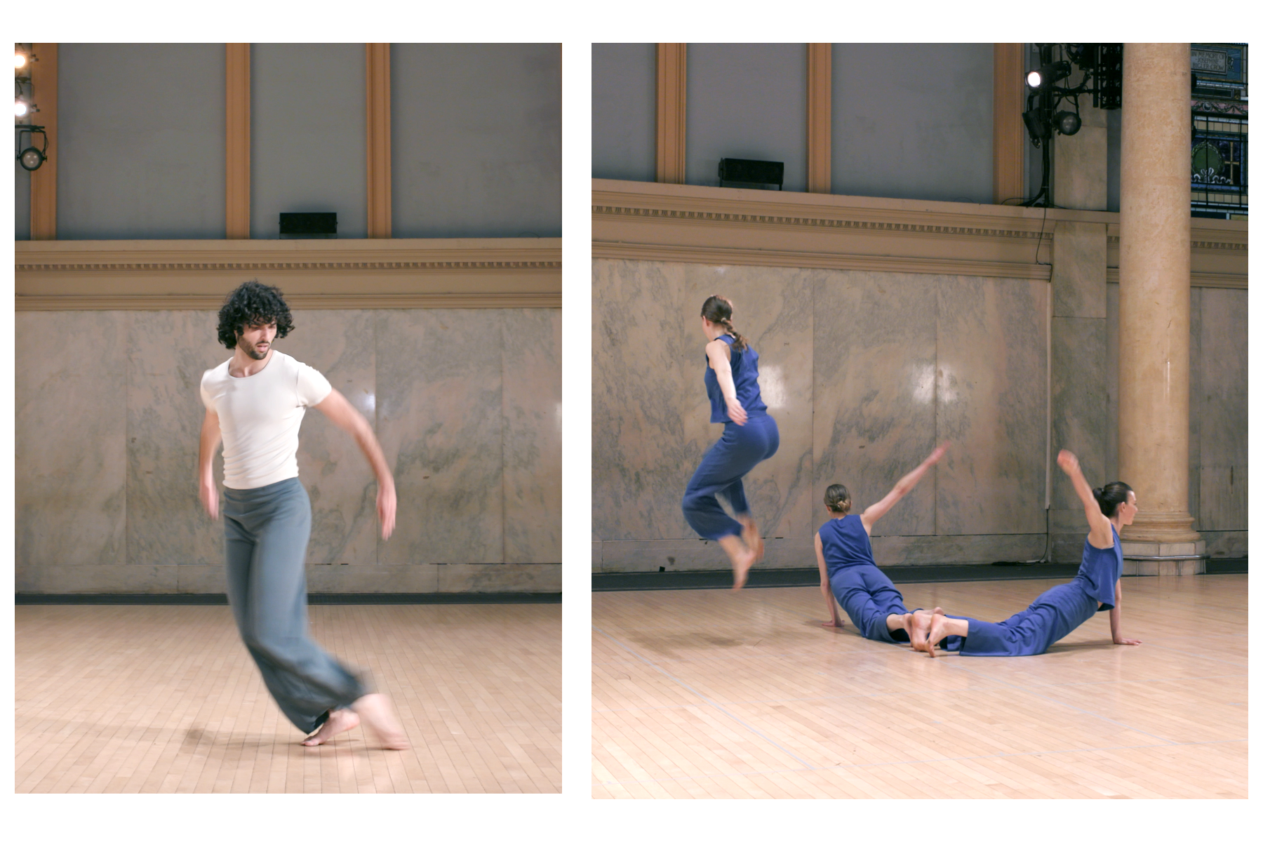 Left: Marc Crousillat in Watermotor (1978), 2021 Right: Jamie Scott, Kimberly Fulmer and Cecily Campbell in Locus Trio (1980), 2021 © Daniel Madoff